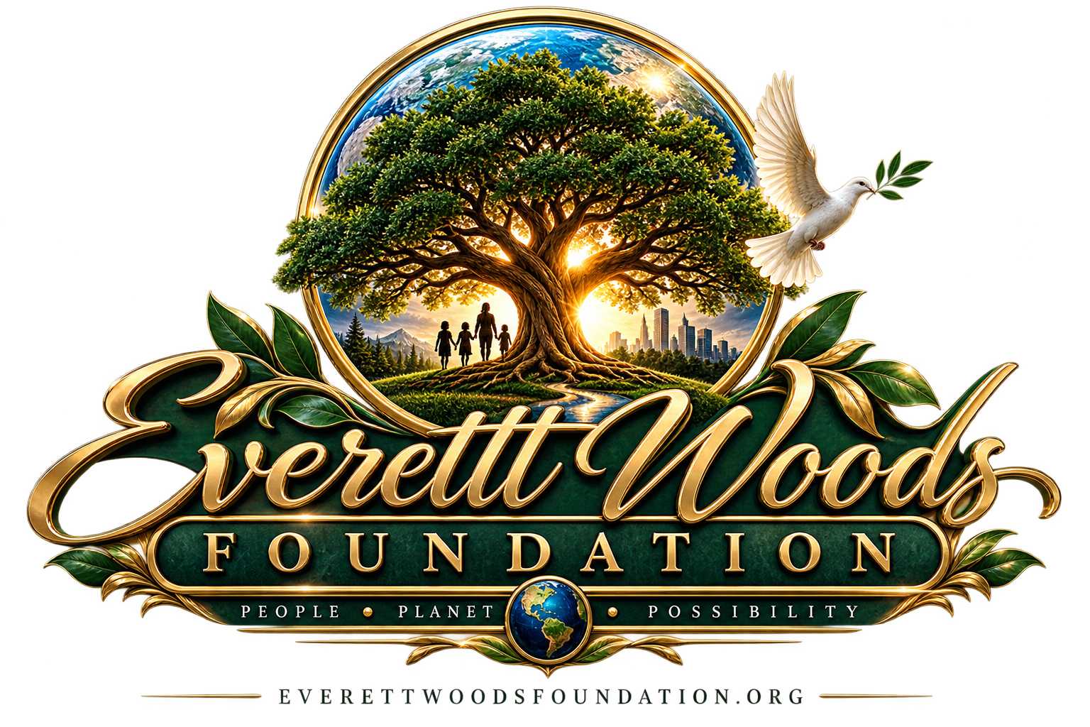 Everett Woods Foundation crest: a golden tree of life within the earth, framed by laurel and a dove